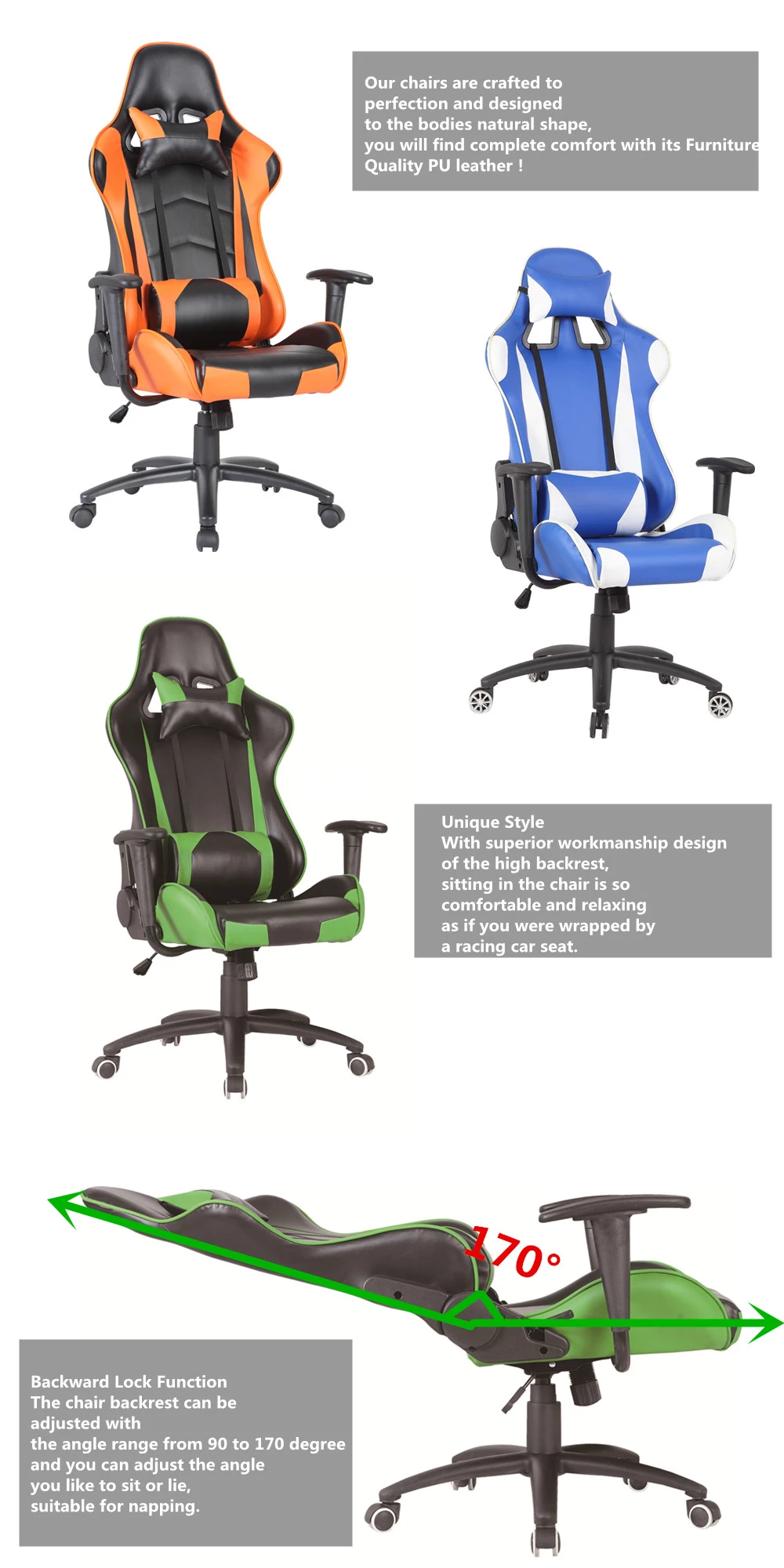 Modern Project Order Game Center Use Recaro Silla Orange Racing Gaming Chair Computer Chair With Neck Pillow